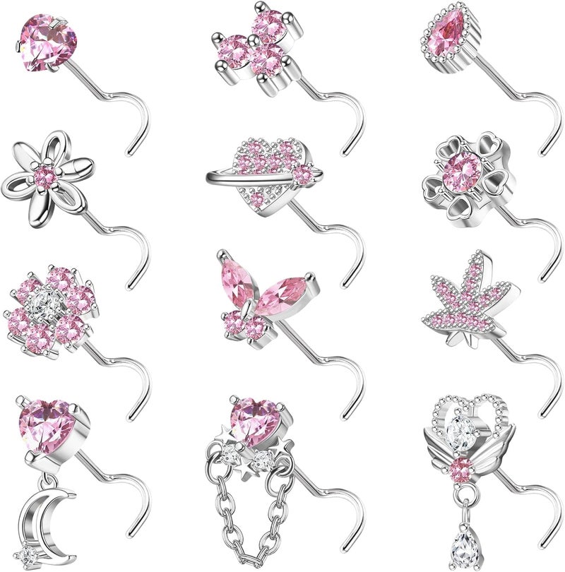 Sanfenly 12 PCS 20G Nose Rings Surgical Stainless Steel, L Shaped Nose Studs for Women Men, CZ Heart Butterfly Flower Leaf Moon Dangle Cute Nose Piercings Studs Screw Jewelry Pink/Purple/Blue/Clear - Image 1